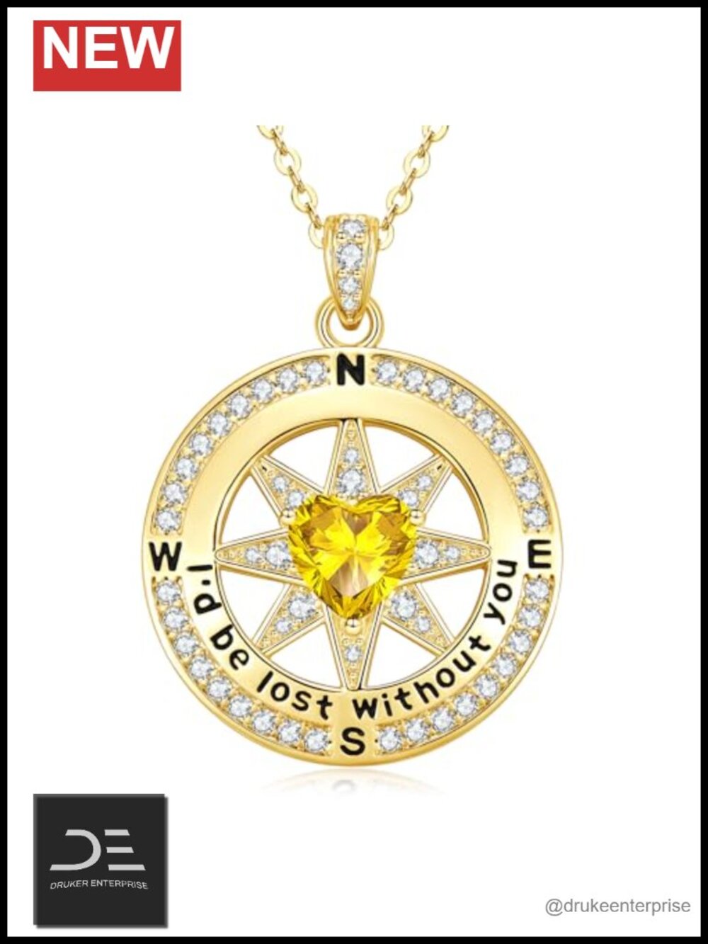 14k Gold Plated Compass Birthstone Pendant Necklace 18"